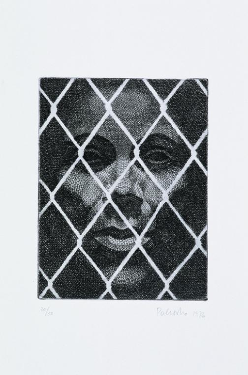 Florentina Pakosta, Selbstbildnis mit Gitter (aus der Serie "Paraphrasen zu Messerschmidt"), 19…