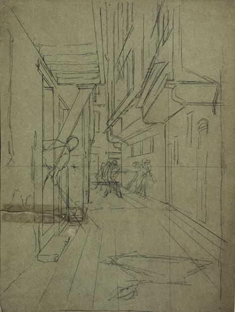 August von Pettenkofen, Perspektivskizze zum "Straßenkampf in Venedig", 1887, Bleistift auf Pau…