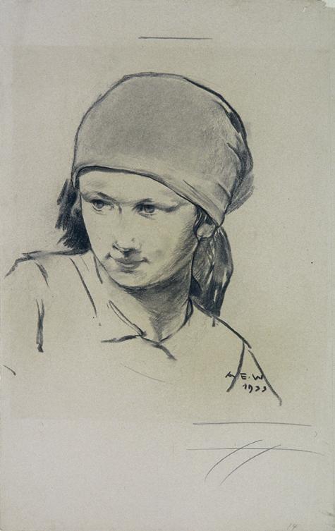 August Eduard Wenzel, Mädchen mit Kopftuch, 1933, Kohle auf Papier, 51 x 32 cm, Belvedere, Wien…