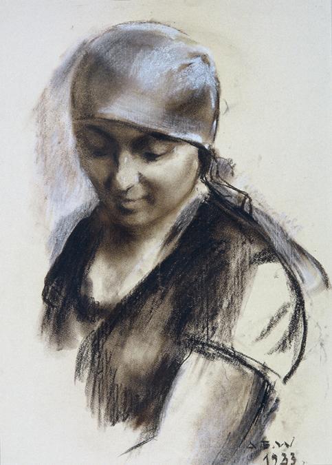 August Eduard Wenzel, Frau mit Kopftuch, 1933, Ölkreide in Schwarz und Braun auf Papier, 59 x 4…