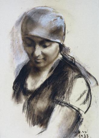 August Eduard Wenzel, Frau mit Kopftuch, 1933, Ölkreide in Schwarz und Braun auf Papier, 59 x 4…