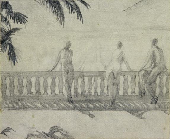 Alfons Walde, Auf der Balustrade - Akt einer Sitzenden , undatiert, Blei auf gefaltetem, weißem ...