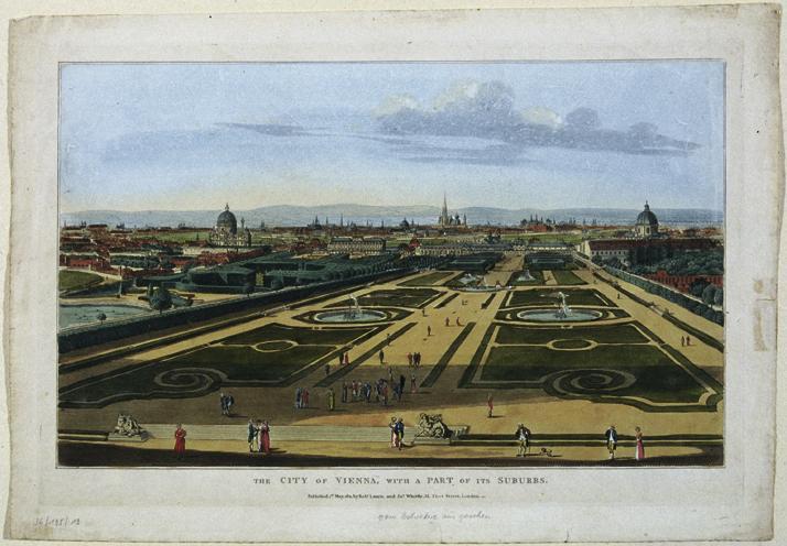 Unbekannter Künstler, Ansicht des Belvederegartens in Wien gegen das Untere Belvedere, 1811, Ku…