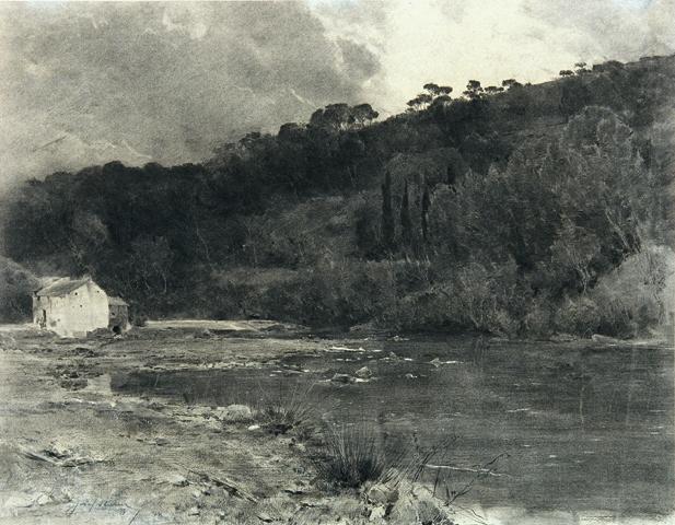 Josef Sturm, An der Guadaira (Spanien), 1899, Kohle auf Papier, 44,5 x 57,5 cm, Belvedere, Wien…