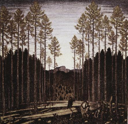 Ferdinand Andri, Der Holzschlag, 1907, Farblithographie, 54 x 60 cm, Belvedere, Wien, Inv.-Nr. …