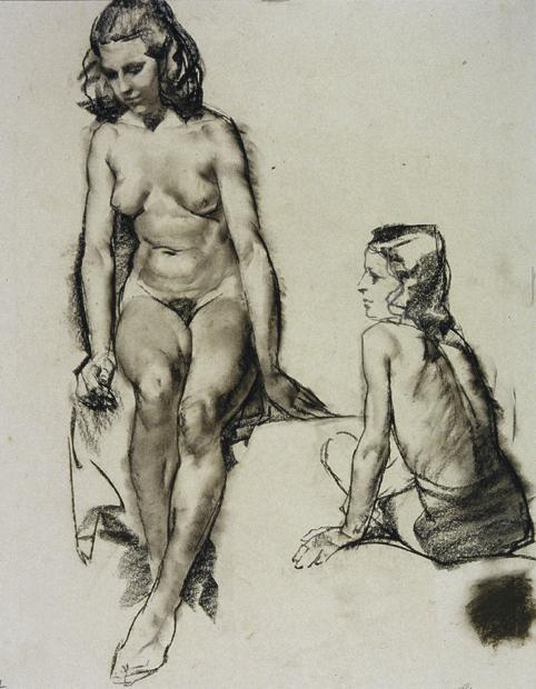 Arthur Brusenbauch, Doppelakt, 1952, Braune und schwarze Kohle, Bleistift auf Papier, 49,5 x 39…