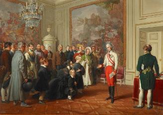 Johann Peter Krafft, Kaiser Franz I. erteilt allgemeine Audienz, 1836-1837, Öl auf Karton auf L…
