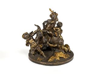 Viktor Oskar Tilgner, Tafelaufsatz: Ziegenbock mit Amoretten, um 1890, Bronze, versilbert und t…