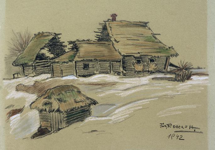 Fritz-Rocca-Humpoletz, Hütten in Rußland, 1942, Kohle und Pastellkreide auf Papier, 35 x 50 cm,…