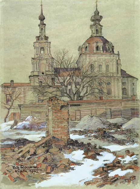 Fritz-Rocca-Humpoletz, Ansicht einer Kirche in Kursk, 1942, Buntstift und Wasserfarbe auf Papie…
