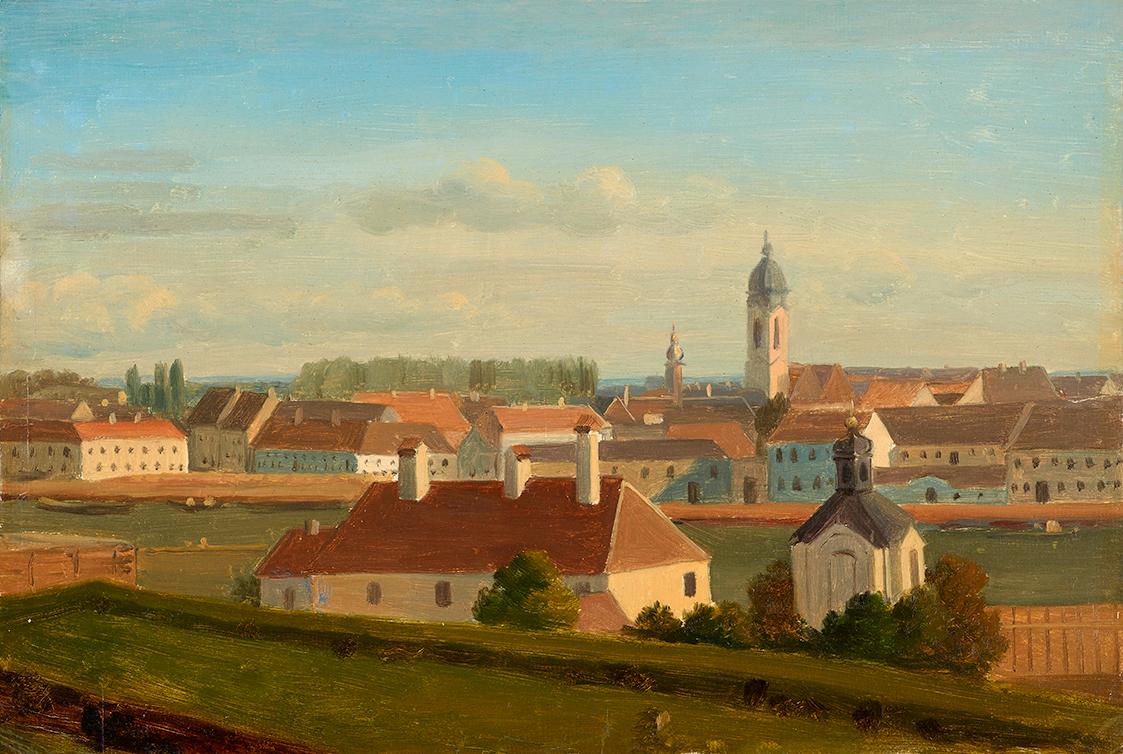 Johann Peter Krafft, Blick über den Donaukanal zur Leopoldstadt, 1812 (?), Öl auf Papier auf Ka…