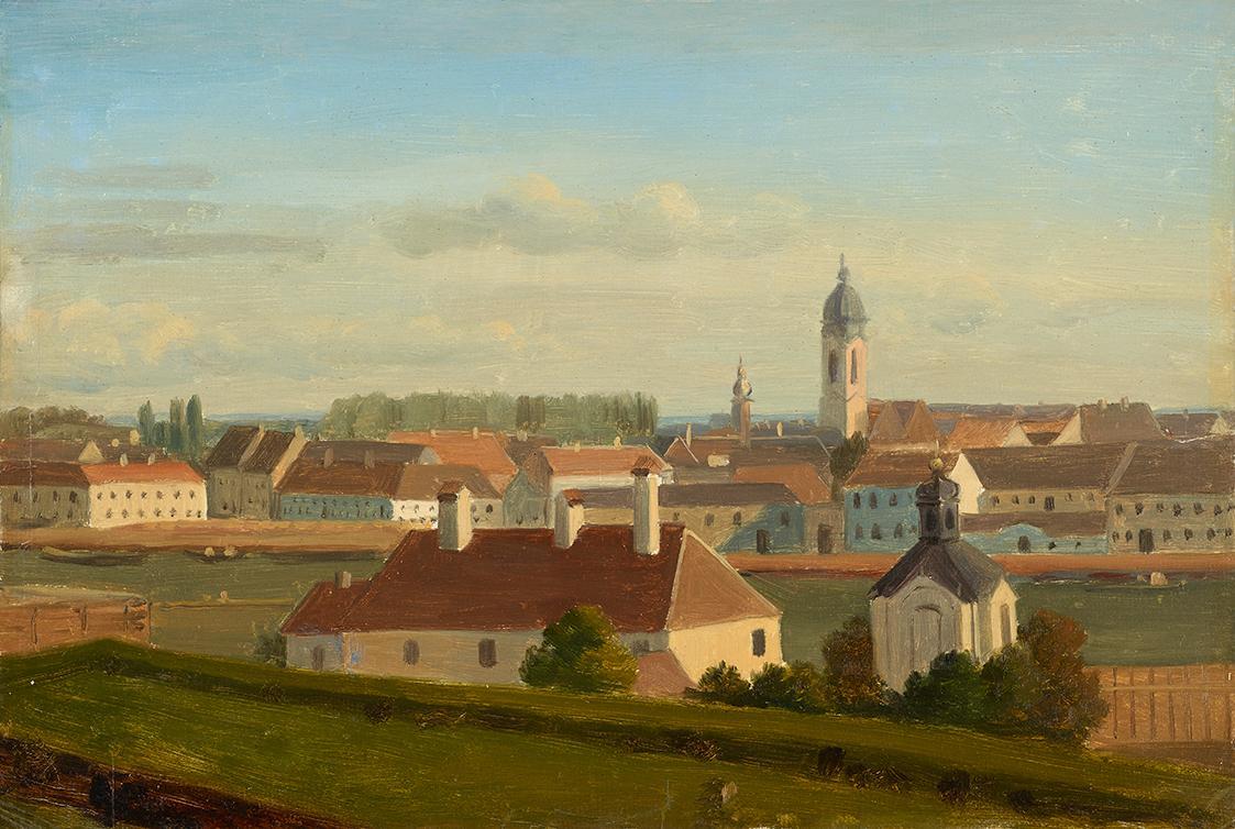 Johann Peter Krafft, Blick über den Donaukanal zur Leopoldstadt, 1812 (?), Öl auf Papier auf Ka…