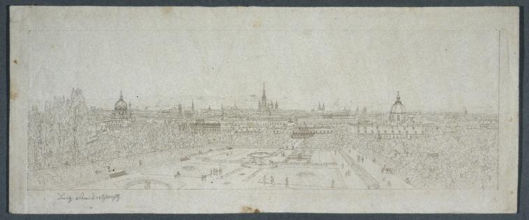 Franz Schmied, Blick auf Wien vom Schloss Belvedere, Umrissradierung, Plattenmaße: 15 × 44,2 cm…