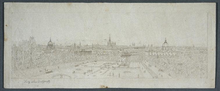 Franz Schmied, Blick auf Wien vom Schloss Belvedere, Umrissradierung, Plattenmaße: 15 × 44,2 cm…