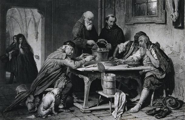 Franz Xaver Stöber (Stecher nach) Josef Danhauser, Die Klostersuppe, 1839, Kupferstich, Platten…
