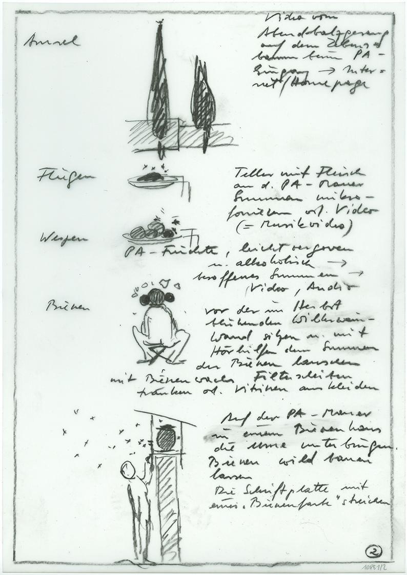 Cornelius Kolig, Entwurfskizze, 2003, Bleistift auf Polyesterfolie, 29,8 × 20,9 cm, Belvedere, …
