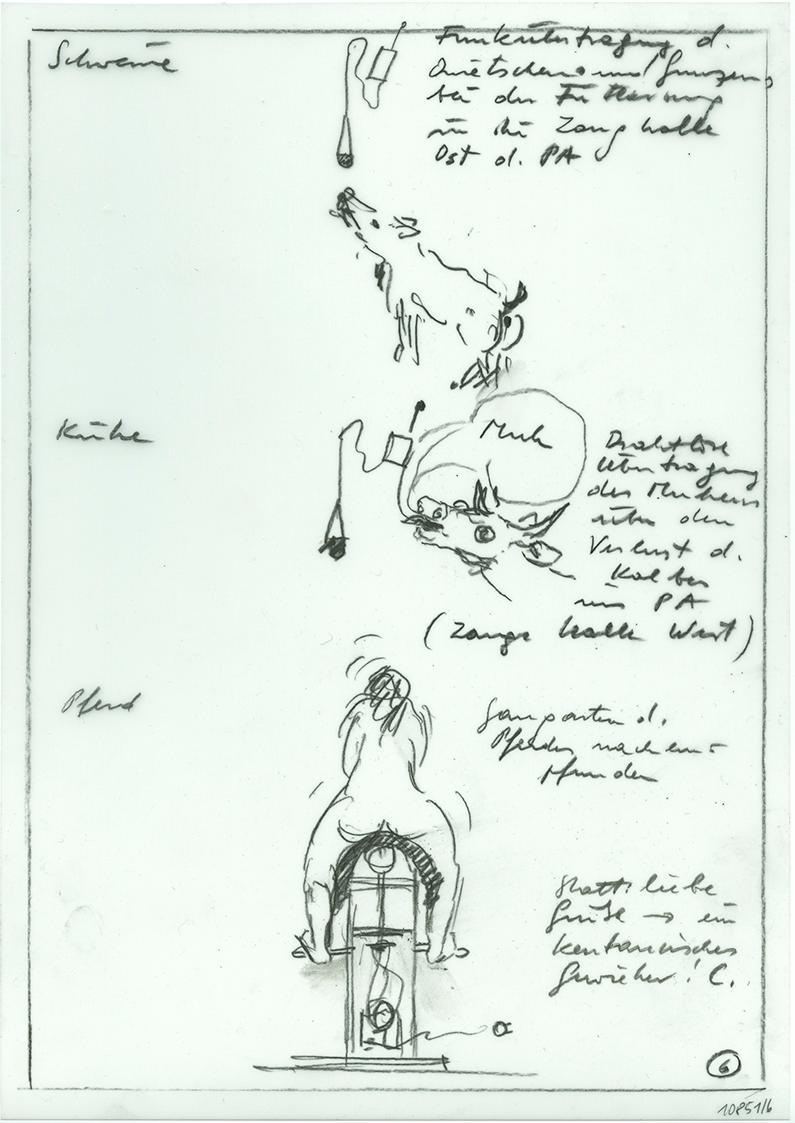 Cornelius Kolig, Entwurfskizze, 2003, Bleistift auf Polyesterfolie, 29,8 × 20,9 cm, Belvedere, …