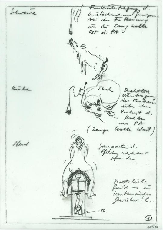 Cornelius Kolig, Entwurfskizze, 2003, Bleistift auf Polyesterfolie, 29,8 × 20,9 cm, Belvedere, …
