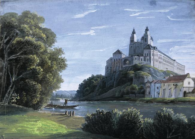 Unbekannter Künstler, Ansicht von Stift Melk, 19. Jahrhundert, Aquarell auf Papier, 37,5 x 52 c…