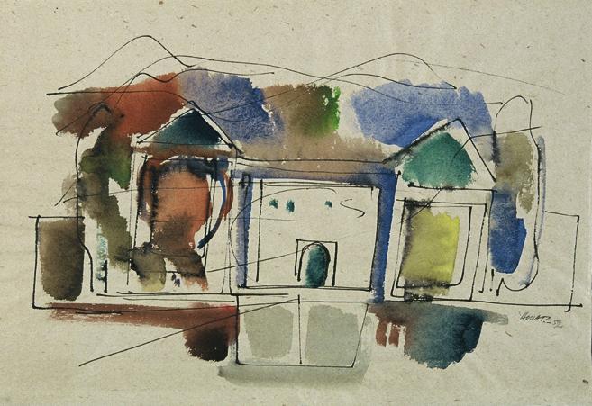 Friedrich Aduatz, Häuser in Landschaft, 1952, Aquarell auf Papier, 36 x 51 cm, Belvedere, Wien,…