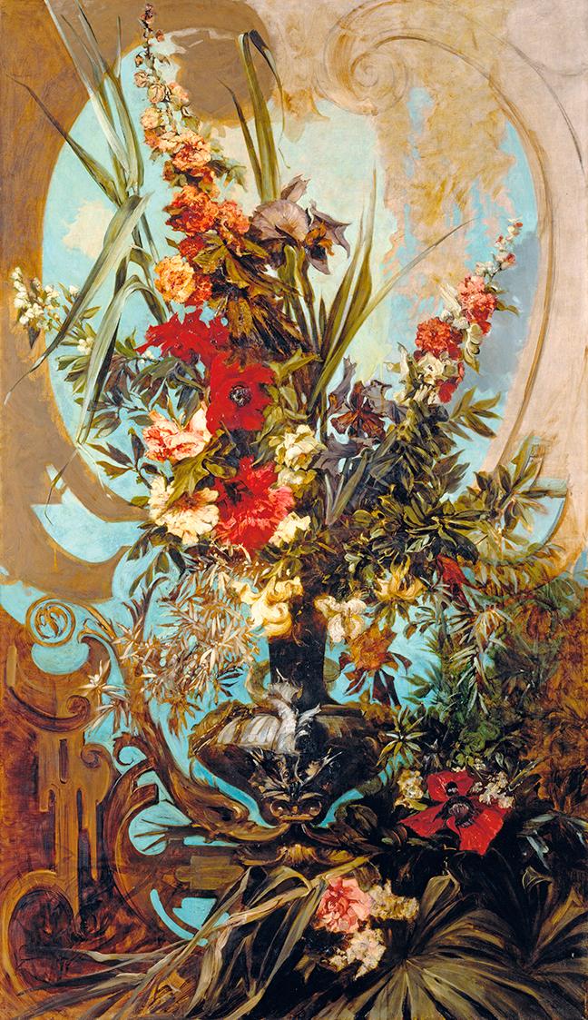 Hans Makart, Dekoratives Blumenbouquet, 1884, Öl auf Leinwand, 205 x 118 cm, Belvedere, Wien, I ...