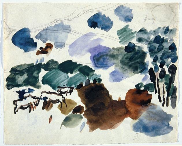 Gustav Hessing, Landschaft, 1963, Deckfarben auf Papier, 26 x 32 cm, Belvedere, Wien, Inv.-Nr. …