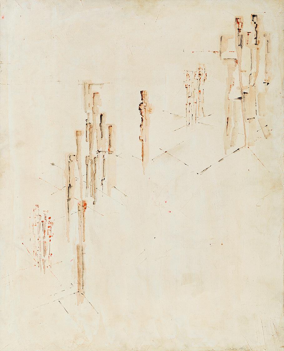Oswald Oberhuber, Raumfiguren, 1959, Öl auf Hartfaserplatte, 63 x 51 cm, Artothek des Bundes, D…