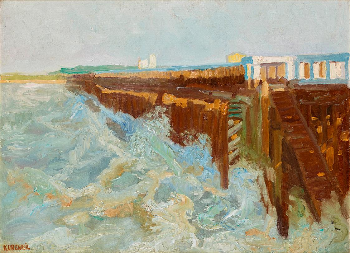 Max Kurzweil, Badekabinen am Pier in Italien, um 1906, Öl auf Leinwand, 42,5 × 57,6 cm, Belvede…