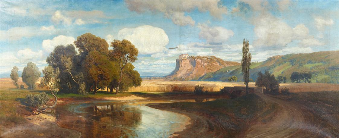 Anton Hlávacek, Burg Devín (Theben) an der Donau, Öl auf Leinwand, 126 × 300 cm, Belvedere, Wie ...