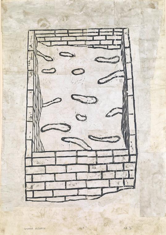 Werner Reiterer, Ohne Titel, wohl 1988, Überarbeiteter, collagierter Druck, 180 × 130 cm, Belve…