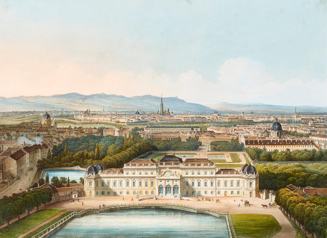 Franz Josef Sandmann, Schloss Belvedere, um 1847/1848, Kolorierte Lithographie, Passepartout-Au…