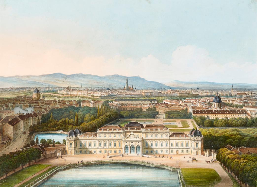 Franz Josef Sandmann, Schloss Belvedere, um 1847/1848, Kolorierte Lithographie, Passepartout-Au…