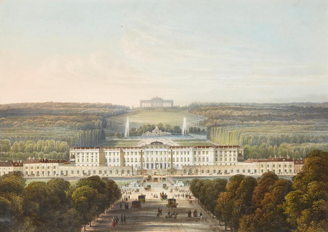 Franz Josef Sandmann, Schloss Schönbrunn, undatiert, Kolorierte Lithographie, Passepartout-Auss…