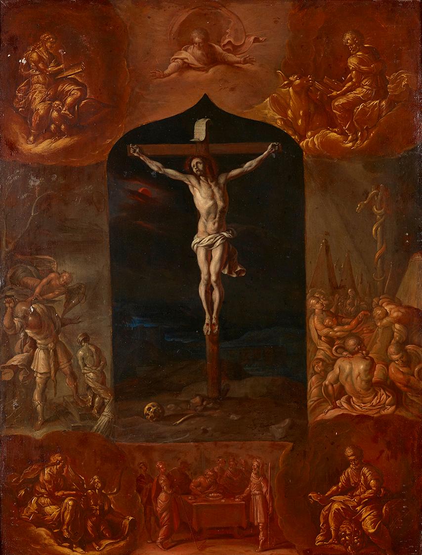 Johann Carl von Reslfeld, Der gekreuzigte Jesus und sieben biblische Szenen, undatiert, Öl auf …