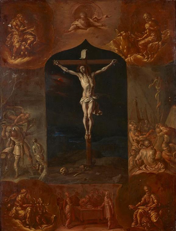 Johann Carl von Reslfeld, Der gekreuzigte Jesus und sieben biblische Szenen, undatiert, Öl auf …