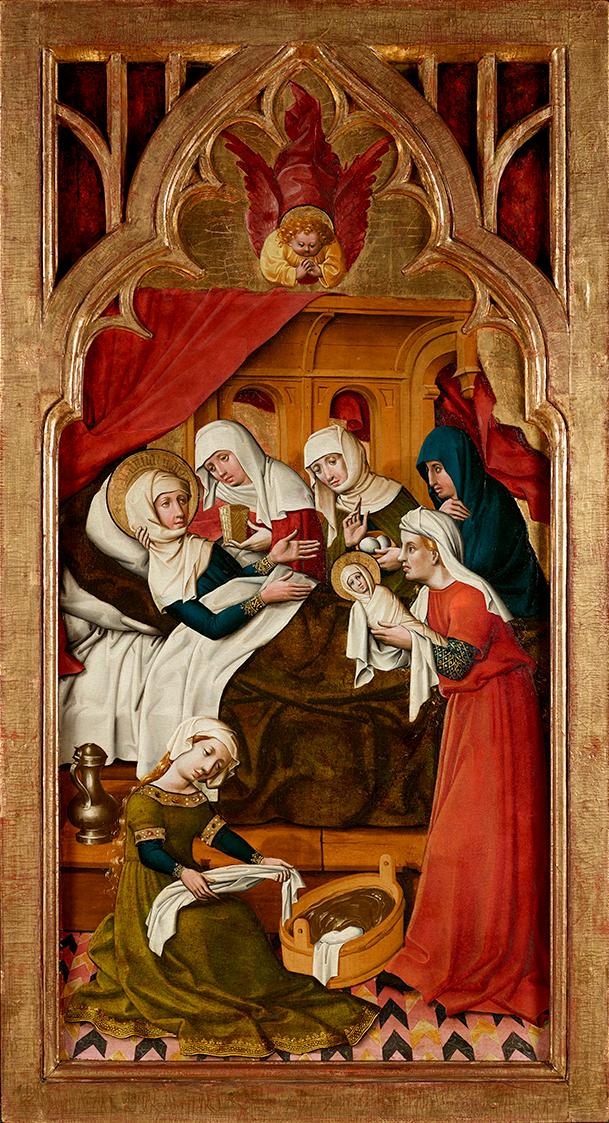 Meister von Schloss Lichtenstein, Geburt Mariens, um 1445/1450, Malerei auf Tannenholz, neogoti…