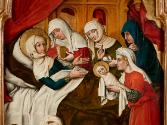 Meister von Schloss Lichtenstein, Geburt Mariens, um 1445/1450, Detail, Malerei auf Tannenholz,…