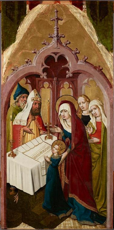 Meister von Schloss Lichtenstein, Tempelgang Mariens, um 1445/1450, Malerei auf Tannenholz, 101…