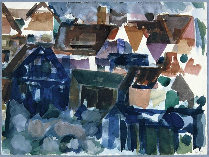 Gustav Hessing, Häuser, 1940, Deckfarben auf Papier, 29 x 39,5 cm, Belvedere, Wien, Inv.-Nr. 89…