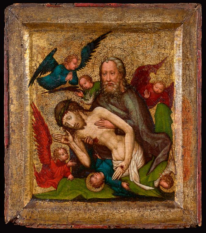 Meister der St. Lambrechter Votivtafel (Werkstatt), Hl. Dreifaltigkeit ("Not Gottes"), um 1420/…