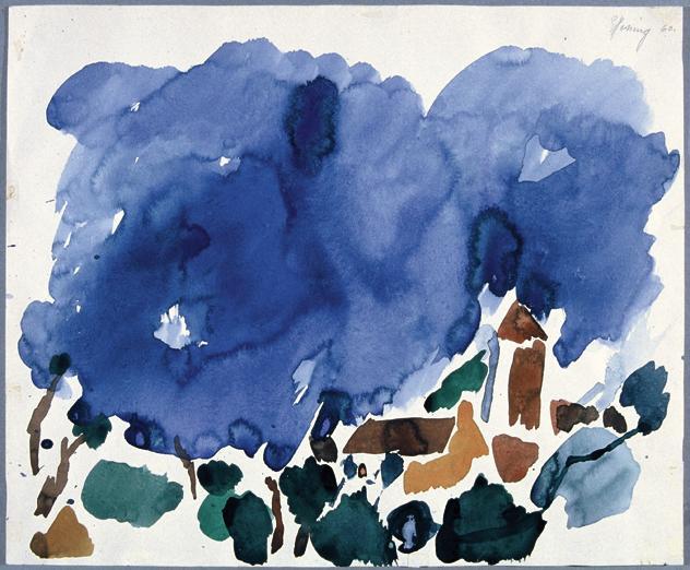 Gustav Hessing, Landschaft unter blauem Himmel, 1960, Deckfarben auf Papier, Belvedere, Wien, I…