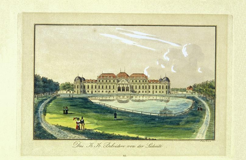 Nikolaus Reim, Das Obere Belvedere von der Südseite, undatiert, Stich auf Papier, koloriert, Be…