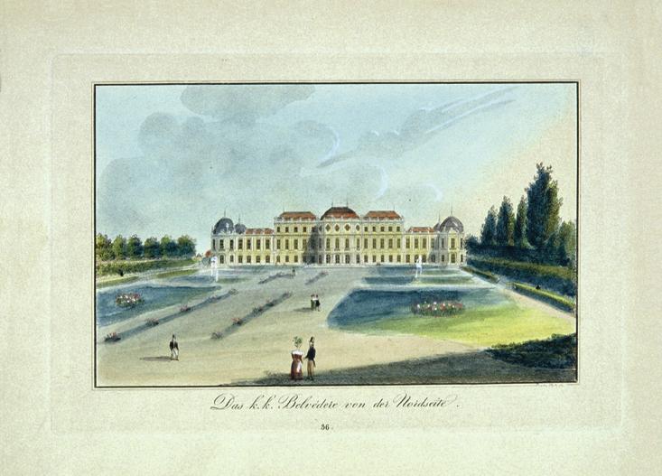 Nikolaus Reim, Das Obere Belvedere von der Nordseite, undatiert, Stich auf Papier, koloriert, B…