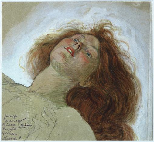 Josef Wawra, Skizze zum Kopf der Leda, um 1921, Aquarellierte Bleistiftzeichnung, 25,5 x 27,5 c ...