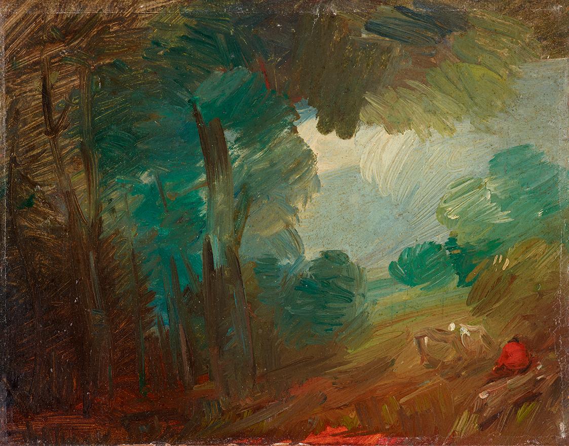 Wilhelm Busch, Waldlandschaft mit Kühen und Bauern, um 1890/1895, Öl auf Papier auf Karton, 14 …