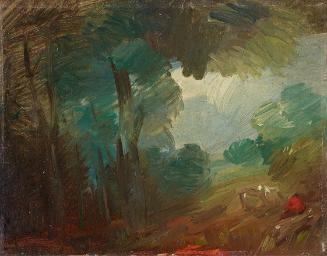 Wilhelm Busch, Waldlandschaft mit Kühen und Bauern, um 1890/1895, Öl auf Papier auf Karton, 14 …