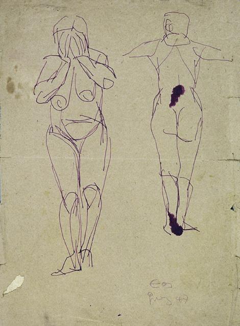 Otto Eder, Zwei weibliche Akte, 1947, Lila Tinte auf Papier, 46,5 x 34,8 cm, Belvedere, Wien, I…