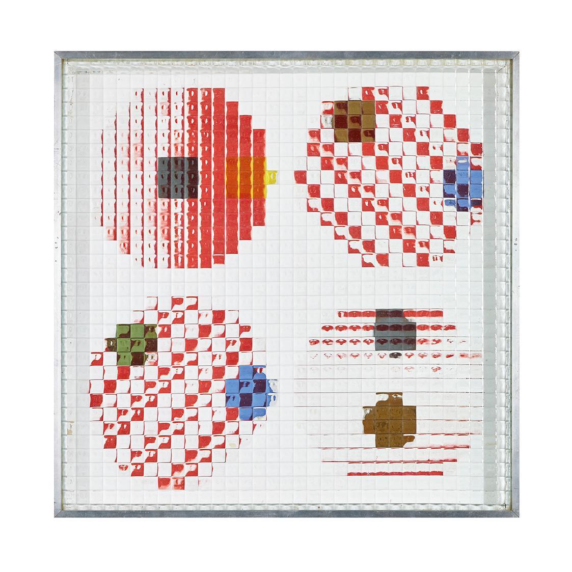 Marc Adrian, V1, 1967, Hinterglasmontage, Glasrelief hinter Edelitglas, 60 × 60 × 5 cm, Artothe…