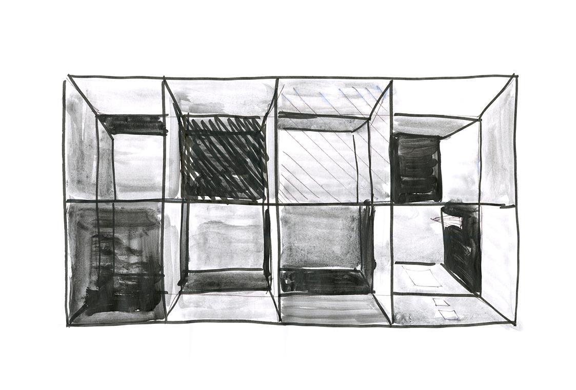 Esther Stocker, Entwurf zum Display für die Ausstellung "Utopie Gesamtkunstwerk", 2011, Aquarel…