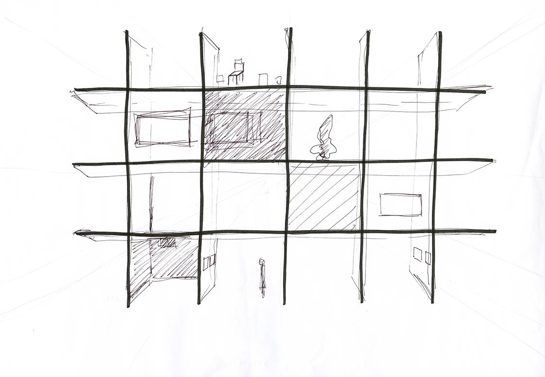 Esther Stocker, Entwurf zum Display für die Ausstellung "Utopie Gesamtkunstwerk", 2011, Filzsti…